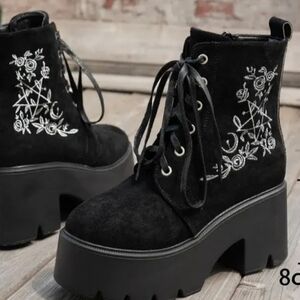 "Domain" Black Suade Witchy Themed Embroidered Platform Ankle Boots (Size 10)